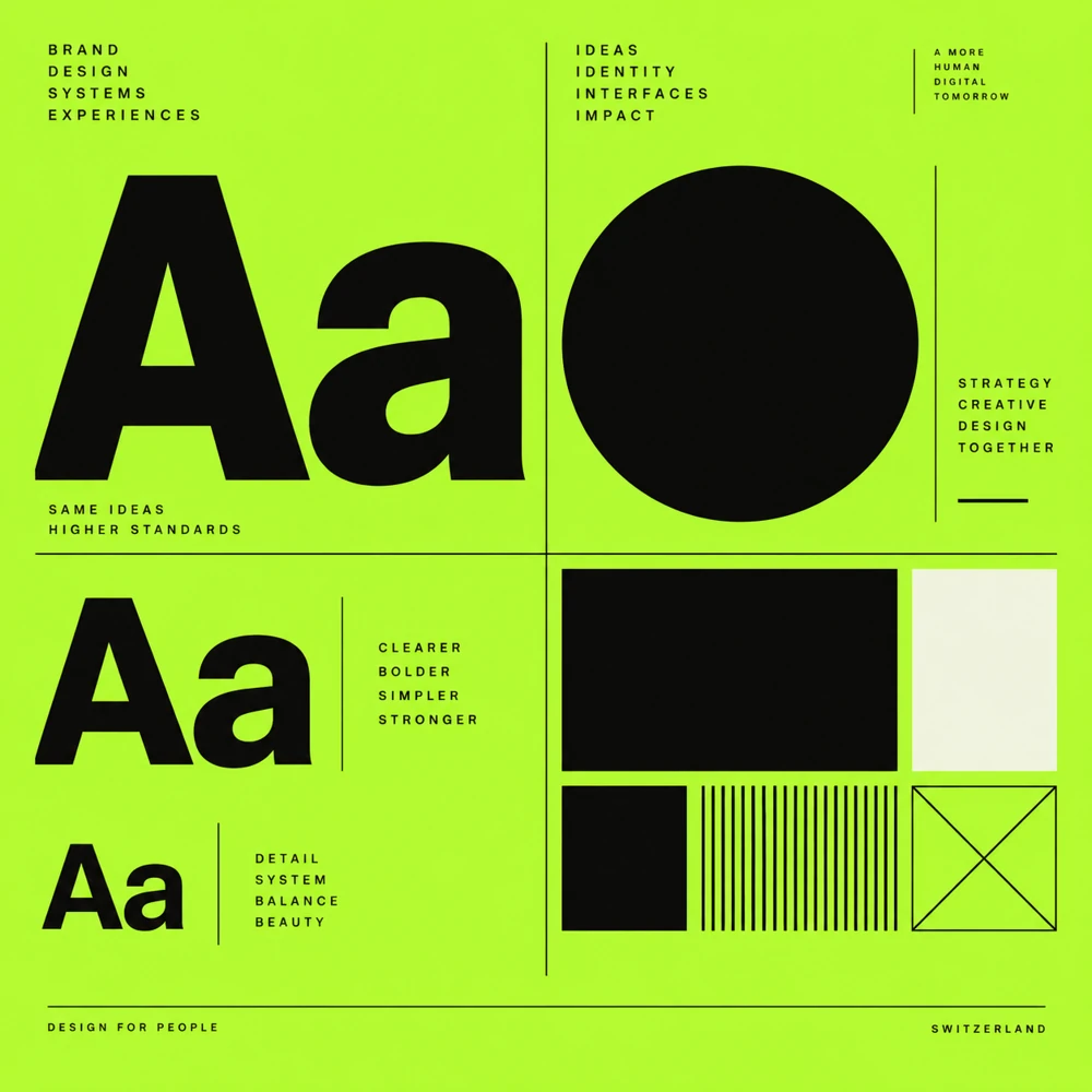 Lime and black type specimens setting out identity rules