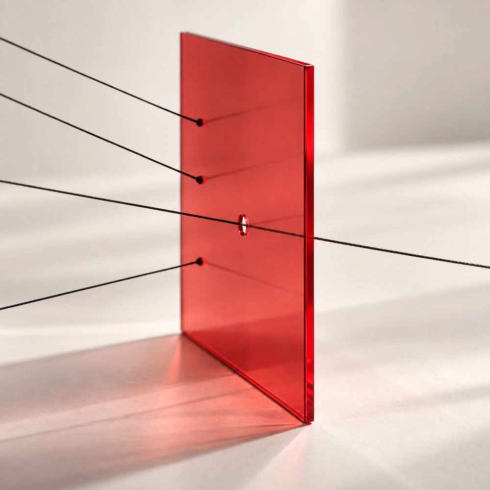Taut lines meeting a standing pane of red glass