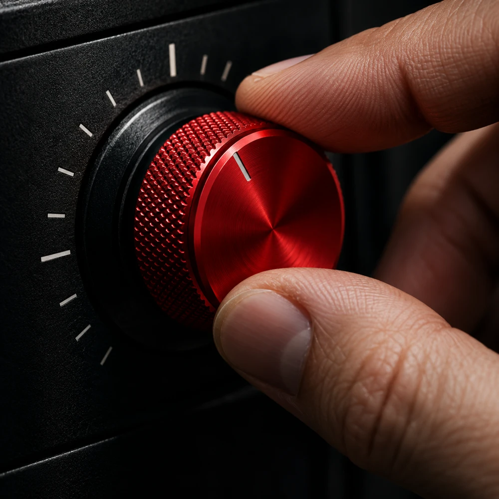 A hand resting on a machined red control dial