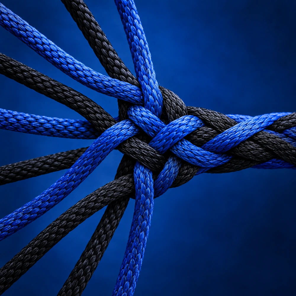 Blue and black ropes braided into a single load-bearing knot