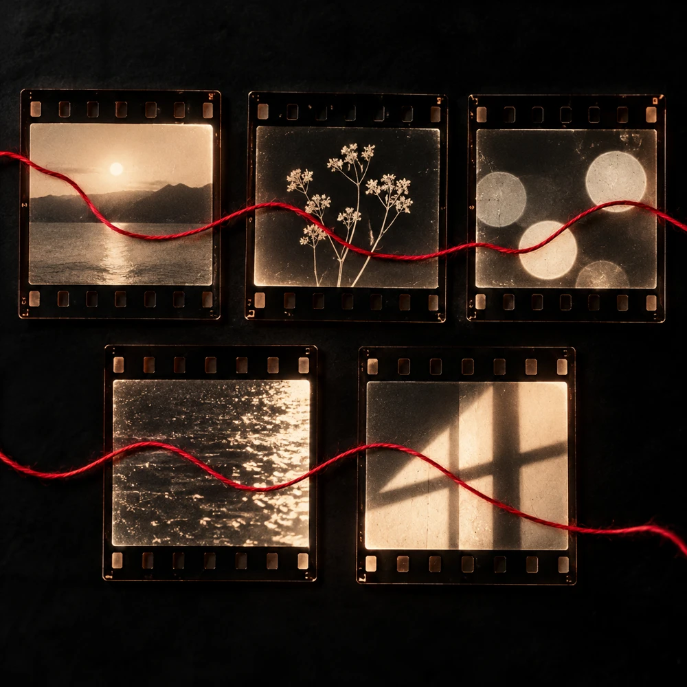 Film frames on black, threaded in order by one red line