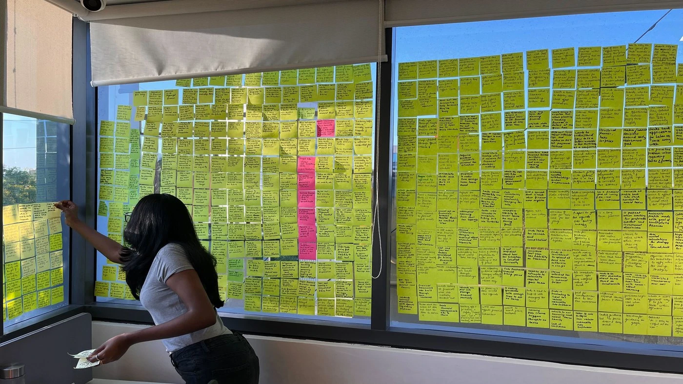 Research observations arranged on a wall
