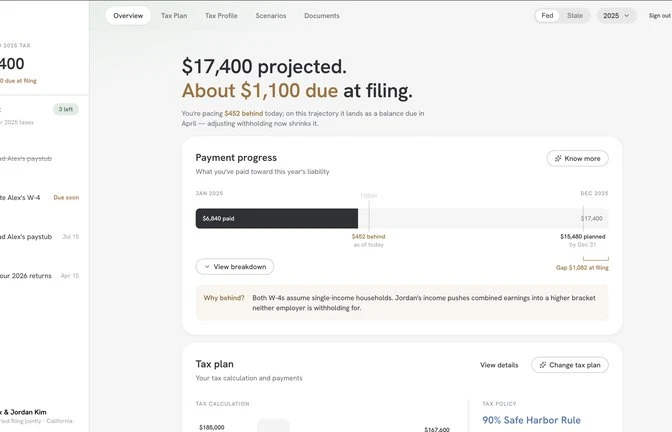 Taxaly product overview with tax plan and payment progress